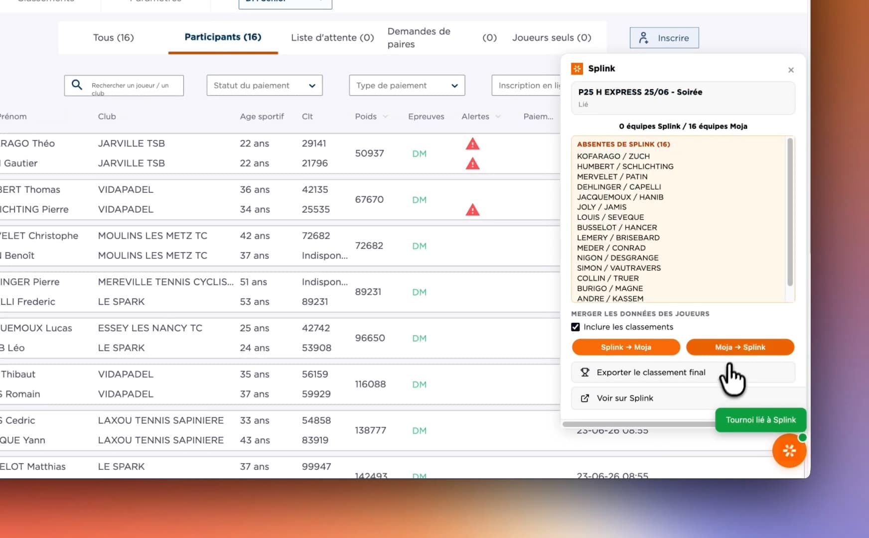 Extension Chrome Splink sur Moja : 16 équipes Moja détectées, prêtes à être importées dans Splink