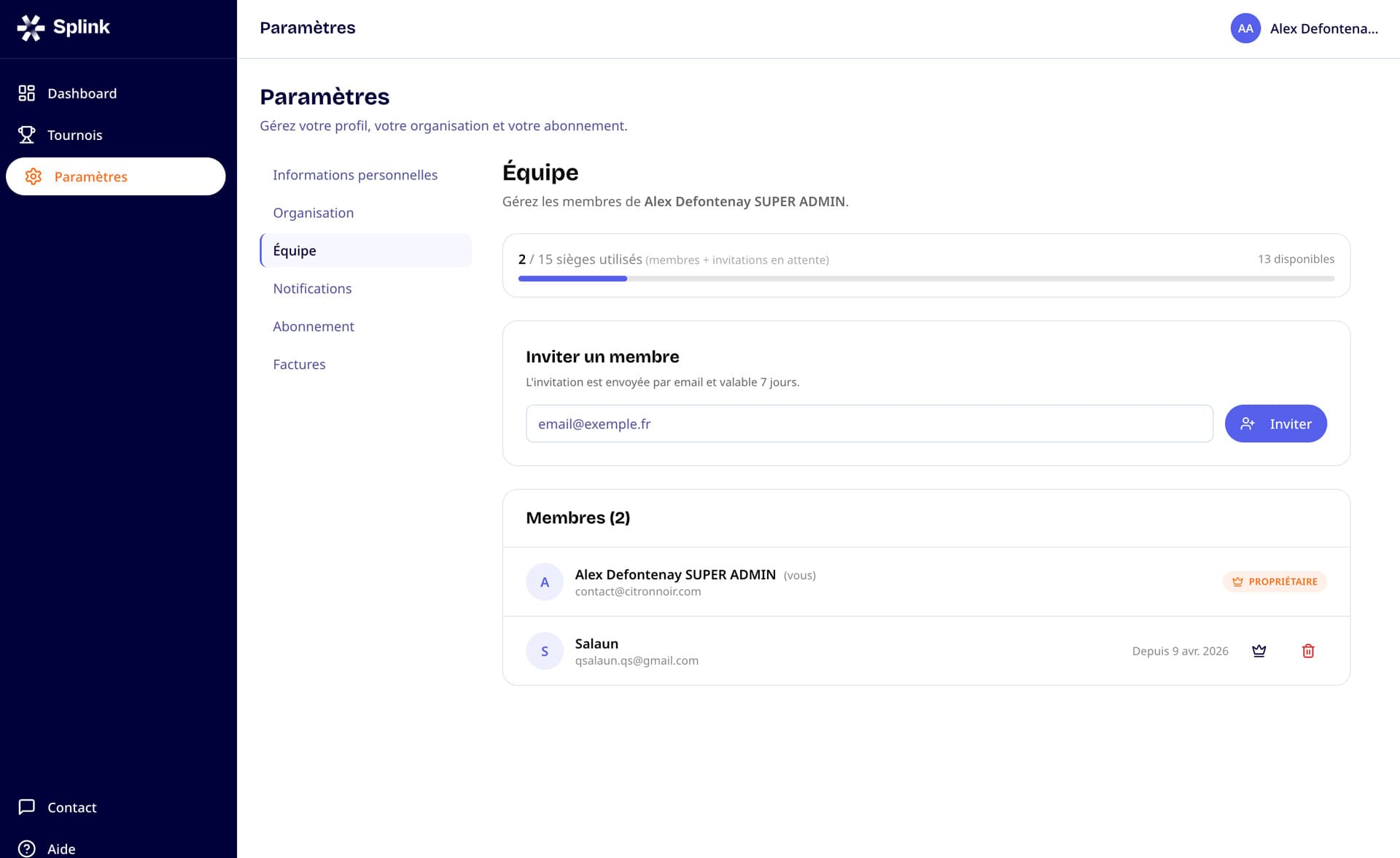 Gestion multi-utilisateurs du club sur Splink